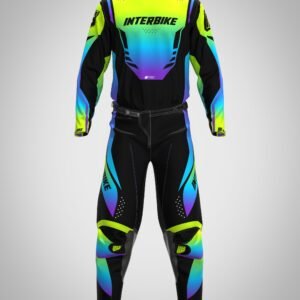 Tenue de motocross personnalisée Interbike - Modèle OMEGA 3 avec dégradé jaune, bleu et violet.