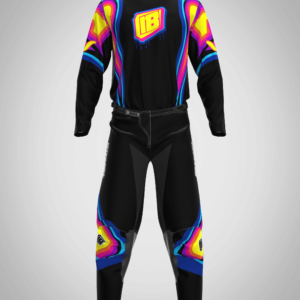 Tenue de motocross TROPICAL INTERBIKE, design coloré jaune, rose et bleu, résistante et personnalisable pour les pilotes exigeants.